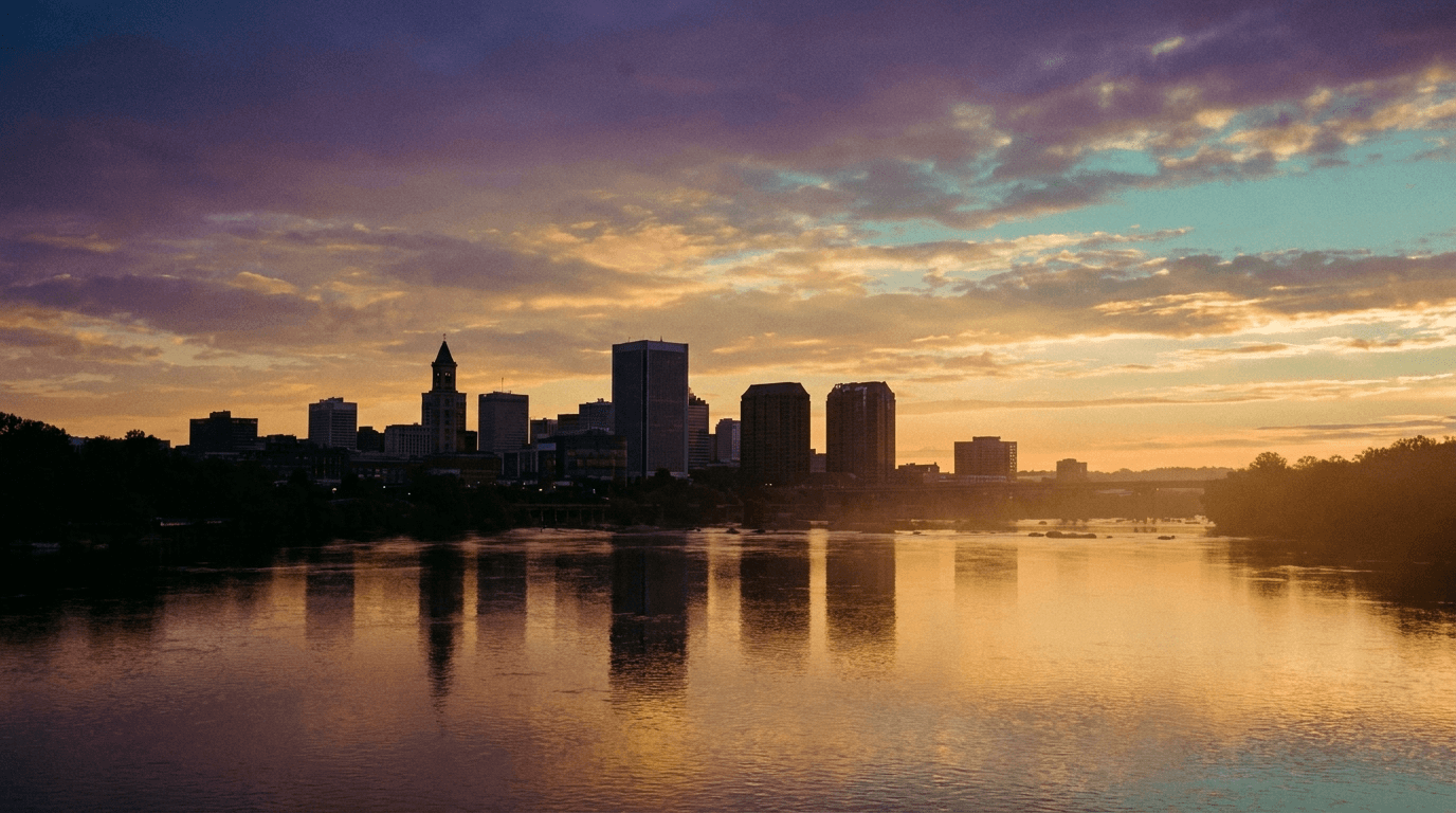 Richmond, Virginia skyline at dusk over the James River