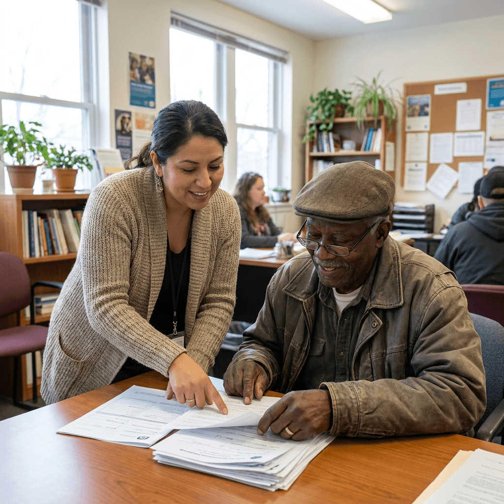 A case worker helping a client with paperwork