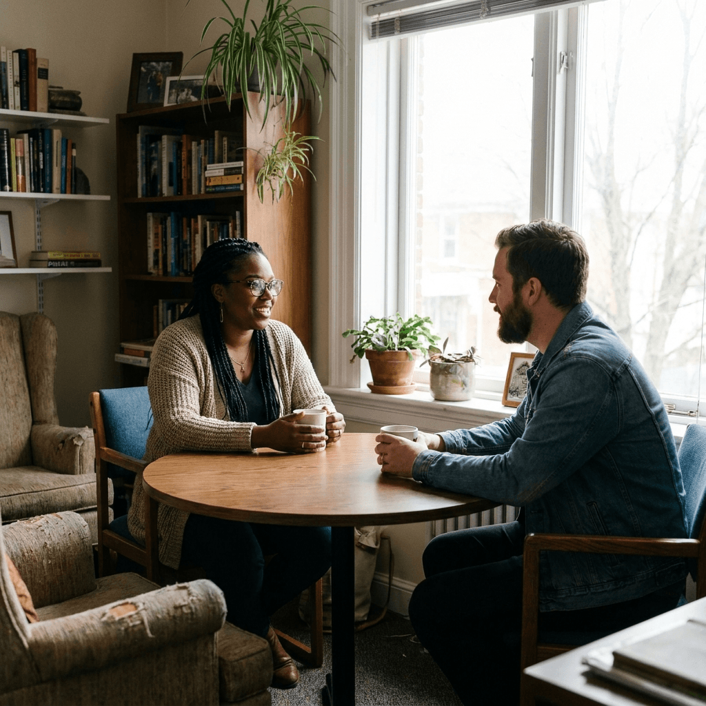 A case manager talking warmly with a client